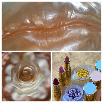 Eine goldene Lippenform mit Lippenstiften, farbige Cremetiegel und Wirkstoffkapseln stehen für das Kosmetikangebot