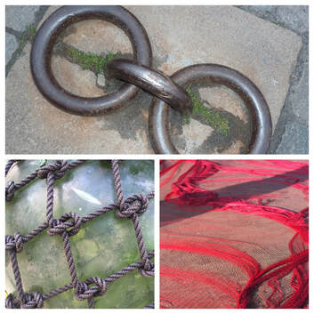 Abbildungen eines Kettenglieds im Hafen, verknotete Seile und rote Fischernetze stehen symbolisch für die Kontaktaufnahme